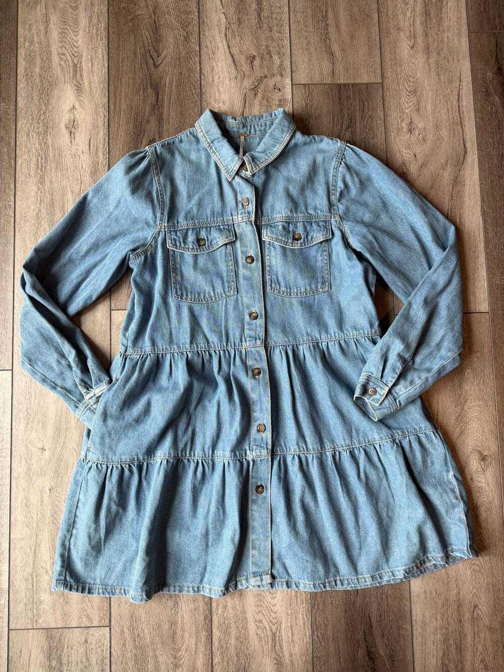 Free People Nicole Denim Shirt Dress Size L Indigo Tiered Babydoll